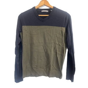 Vince Colorblock V-Neck Sweater in Navy & Olive – Size Medium